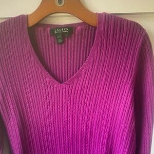 Lauren Ralph Lauren Women's Sweater 100%cotton purple Cable Knit V-Neck Large
